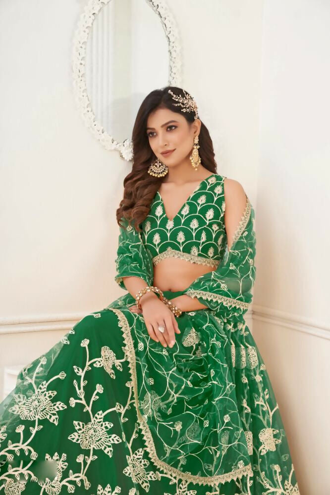 Parrot Green Butterfly Net Wedding Lehenga with Thread & Sequence