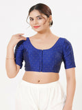 Royal-Blue Taffeta silk blouse with round neck and elbow-length sleeves