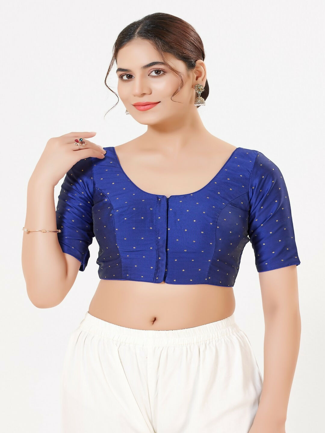 Royal-Blue Taffeta silk blouse with round neck and elbow-length sleeves