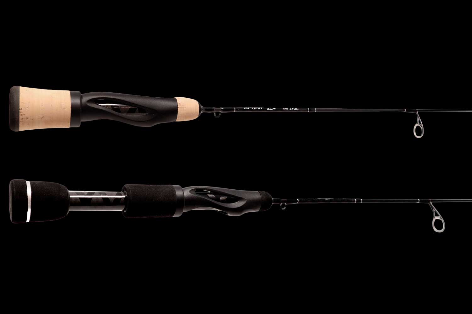 Close up of two Myriad ice fishing rods with cork and foam handles against a black background