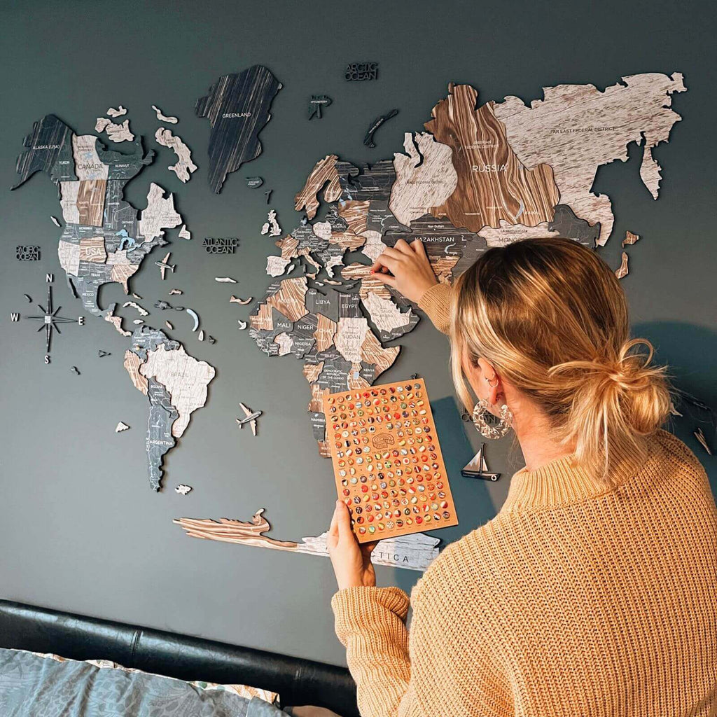 Wooden World Map Bundle with Colored Flag Pins for Travel Lovers