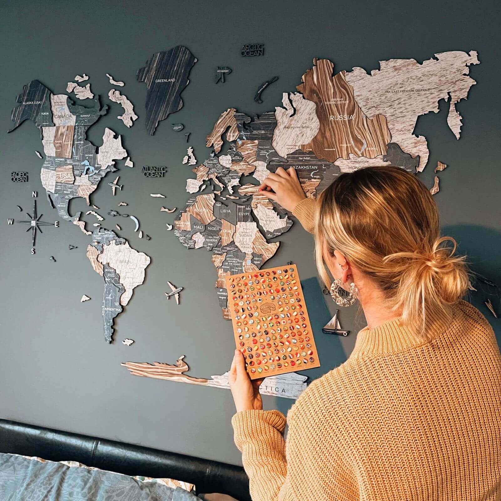 Wooden World Map Bundle with Colored Flag Pins for Travel Lovers