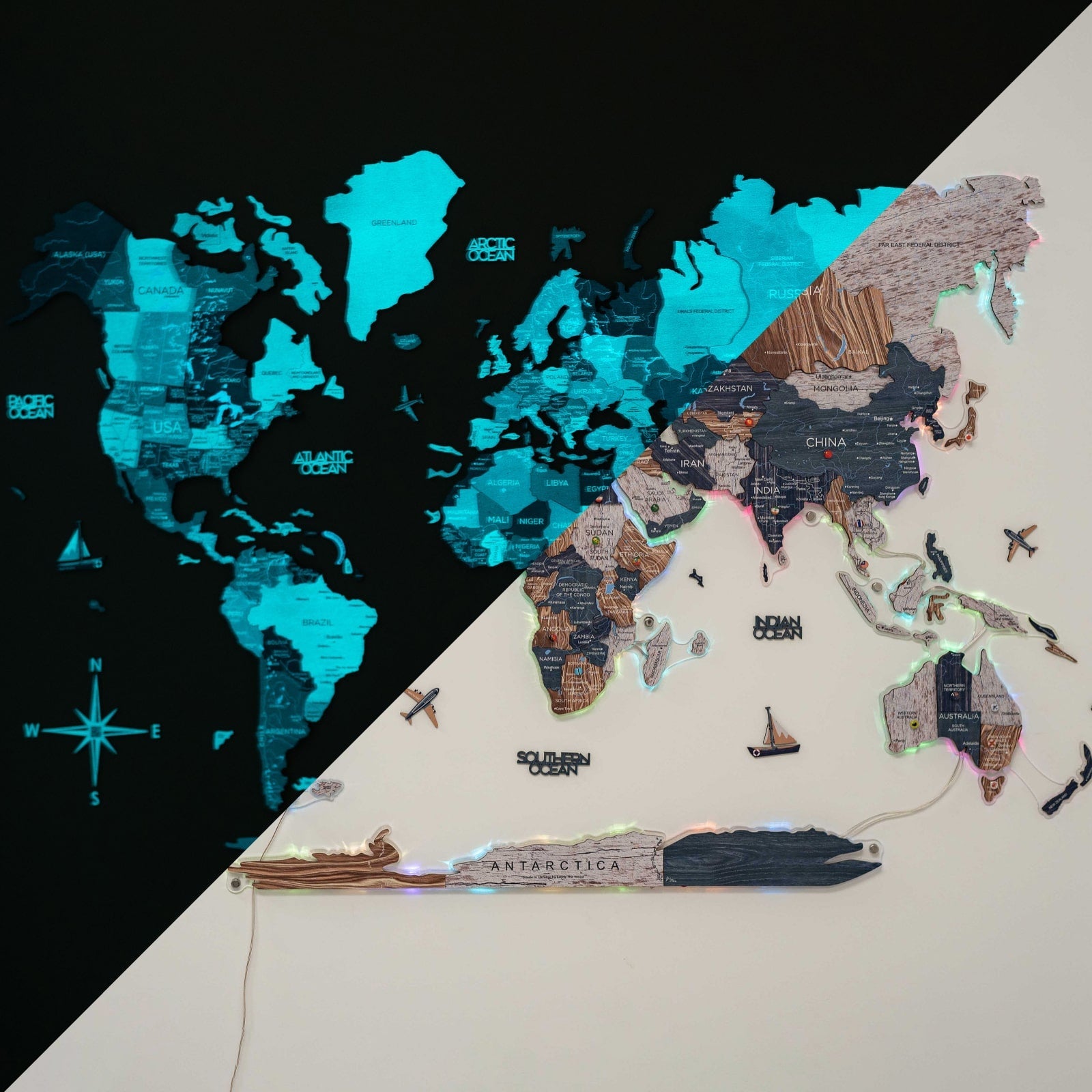 3D Luminous LED Wooden World Map 2.0 Mystery Wall Art Decor