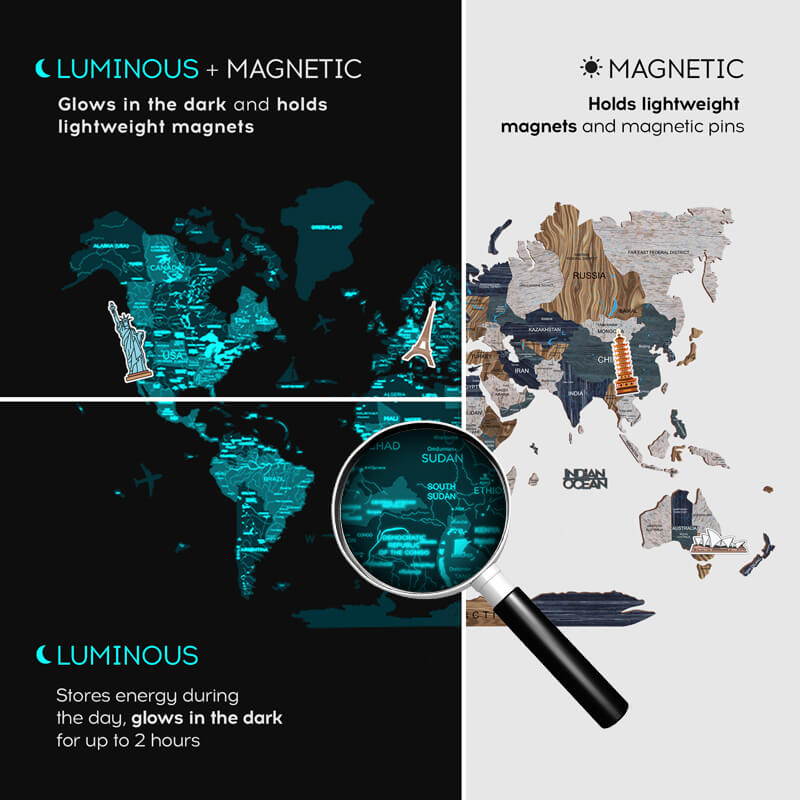 3D Luminous Wooden World Map Mystery: Modern Glow-in-the-Dark Art