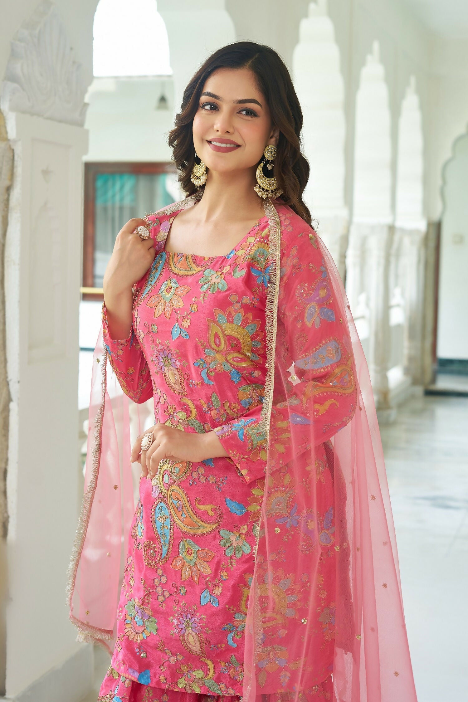 Pink Chinnon Embroidered Sequence Work Readymade Kurta Set