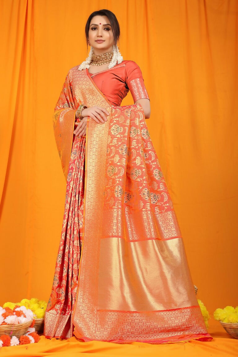 Orange Kanjivaram Silk Saree with Zari Woven Border