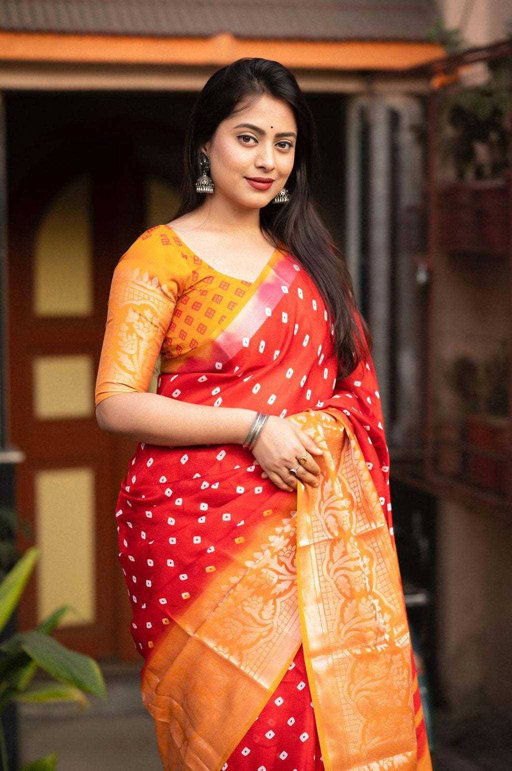 Red Jute Silk Bandhani Print Saree with Unstitched Blouse