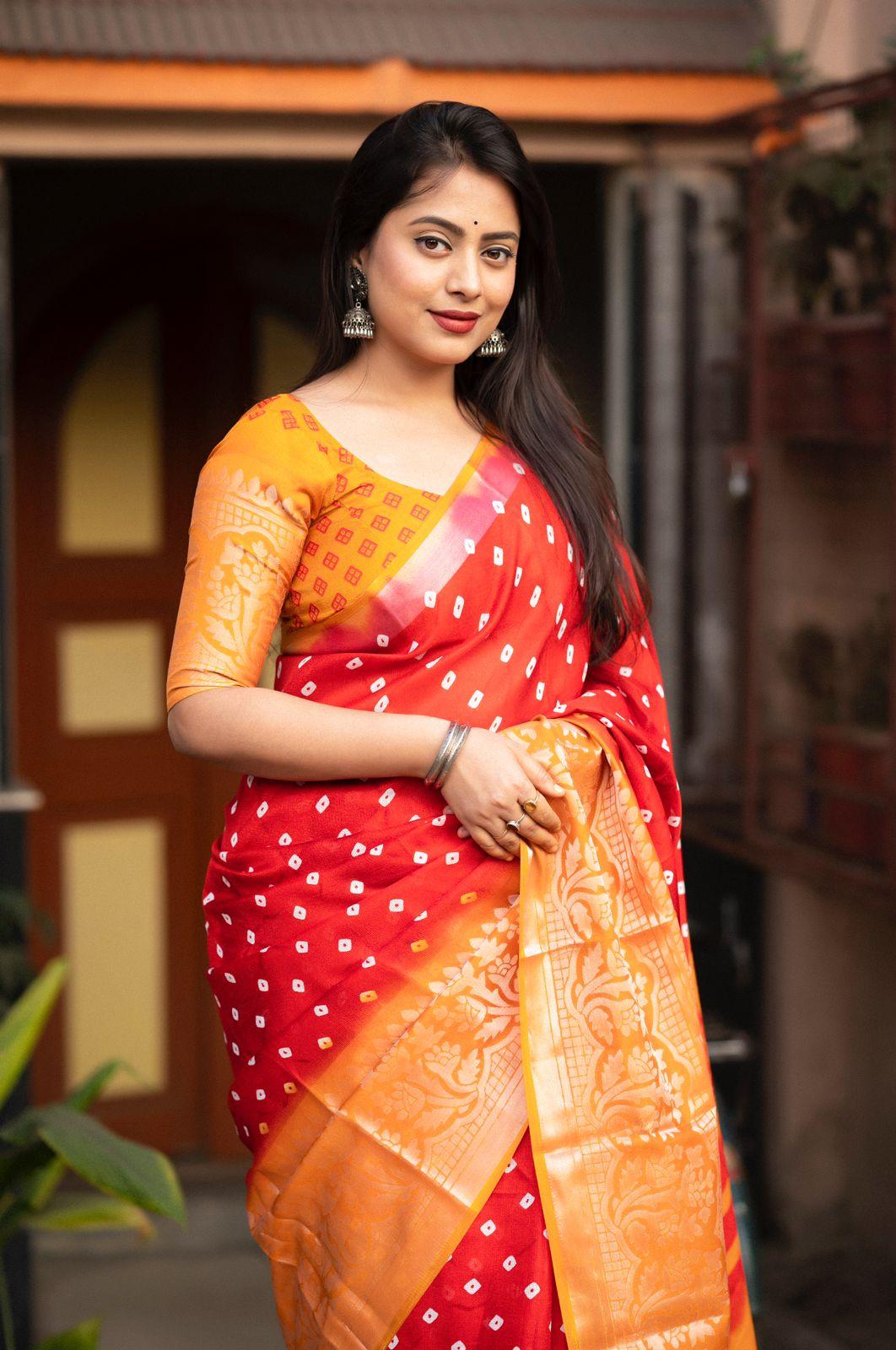 Red Jute Silk Bandhani Print Saree with Unstitched Blouse