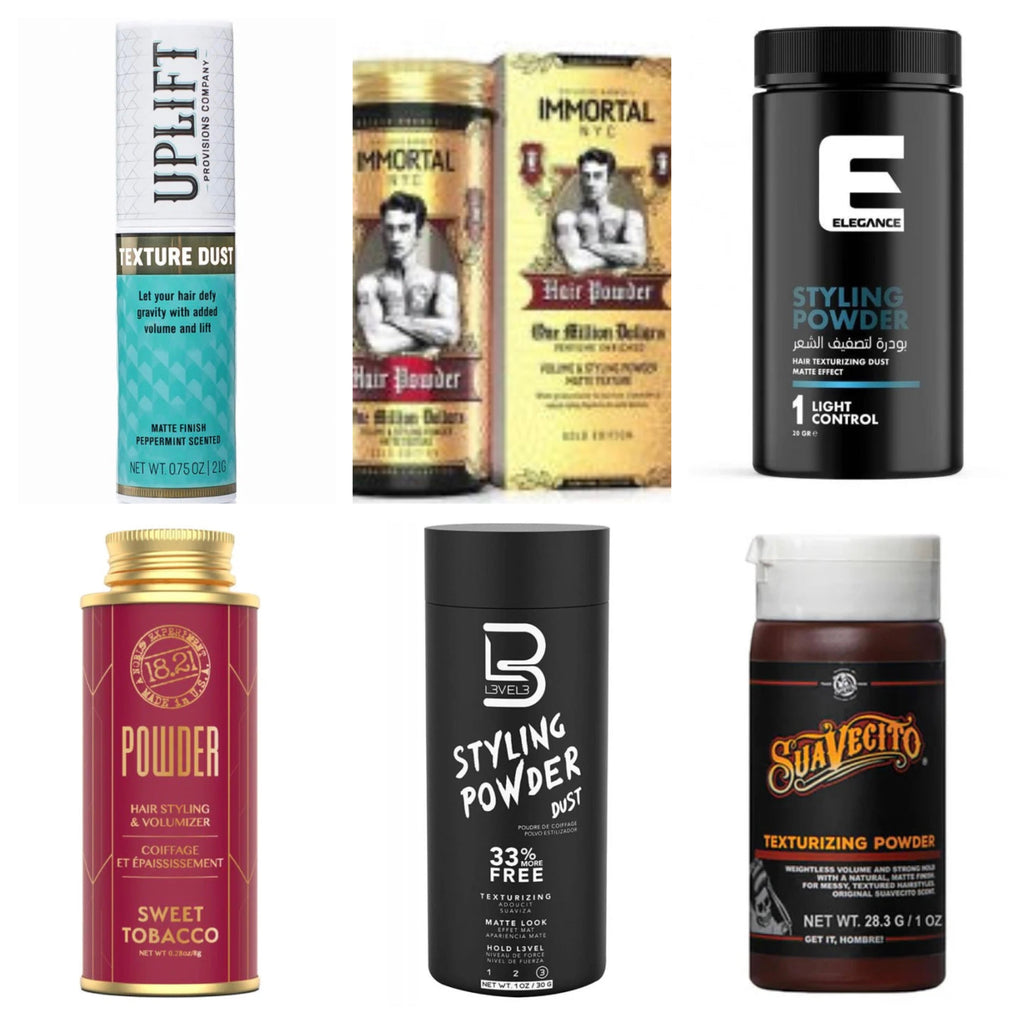 A collection of 6 professional hair styling powder bottles from various brands like 18.21 Man Made and L3VEL3.