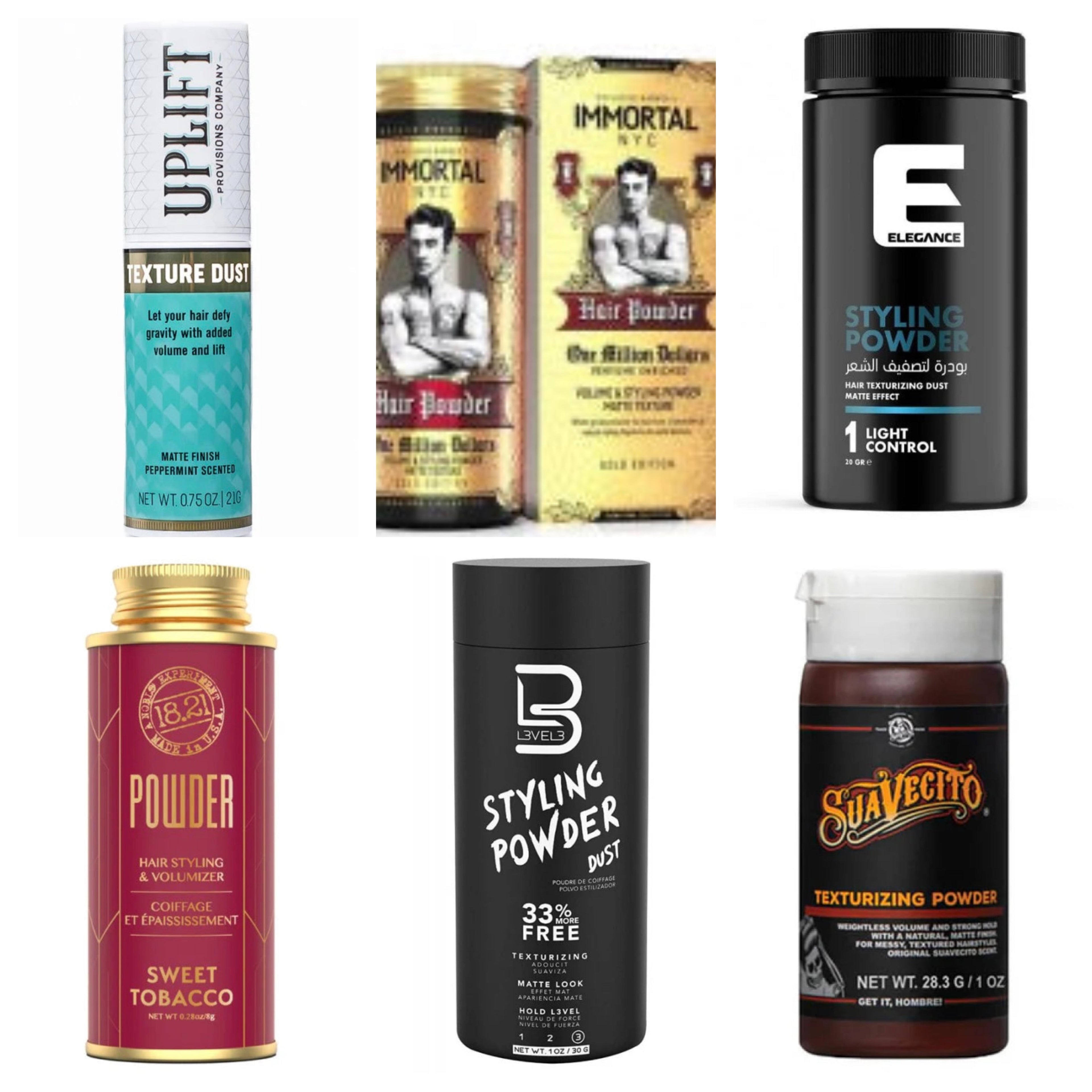 A collection of 6 professional hair styling powder bottles from various brands like 18.21 Man Made and L3VEL3.