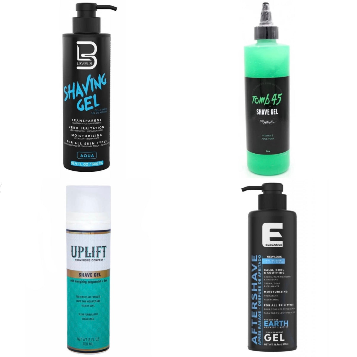 A 4-piece professional shave gel power pack bundle including L3VEL3 and Tomb45 barber supplies.