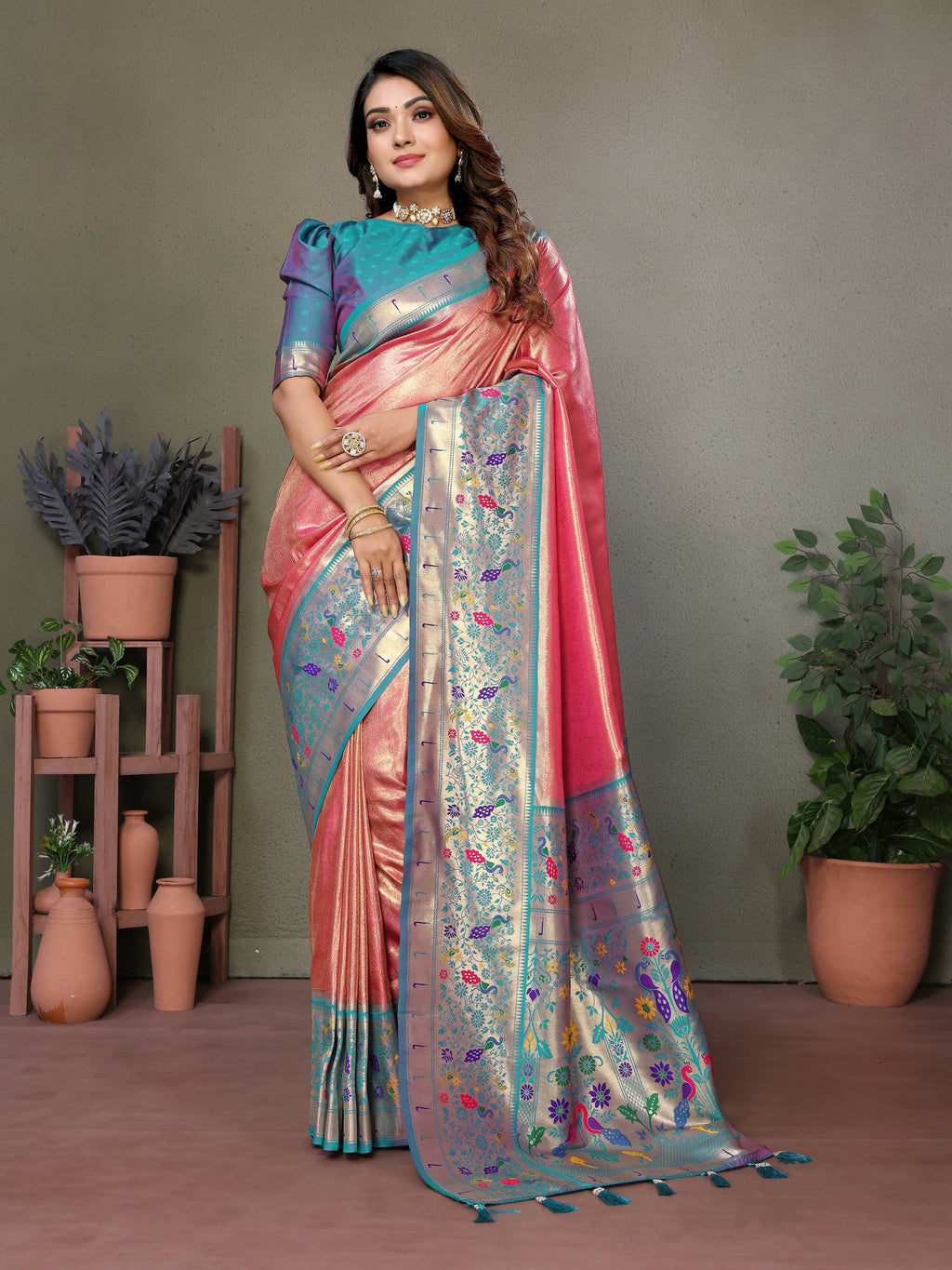 Dusty Pink Tissue Silk Saree with detailed Paithani weaving