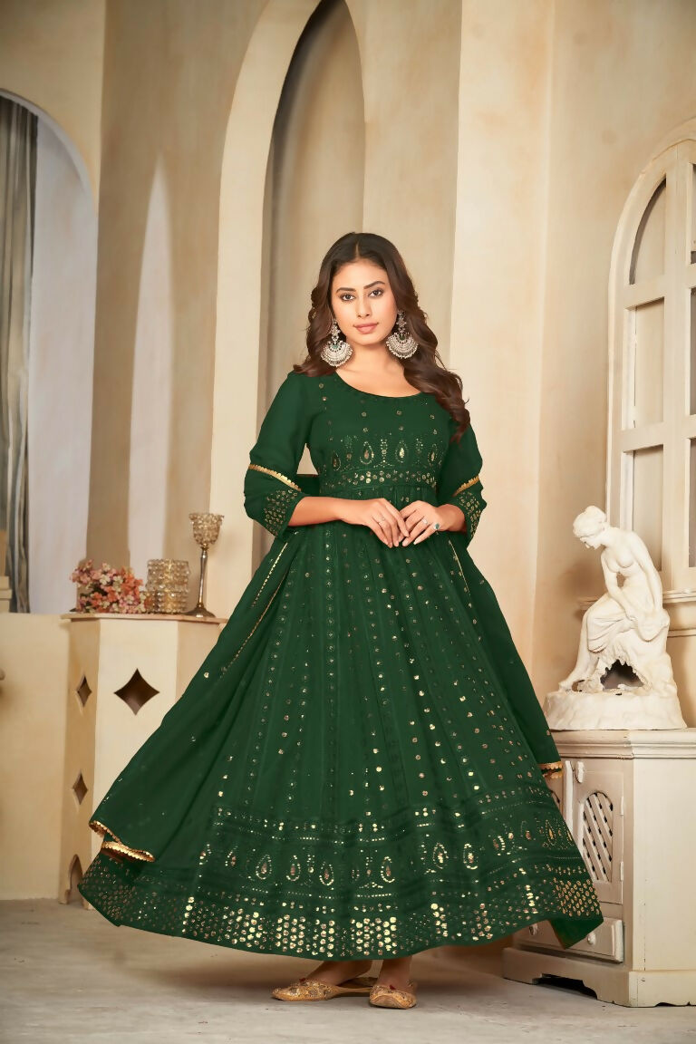 Green Georgette Embroidered Anarkali Kurta Pant Set with Dupatta
