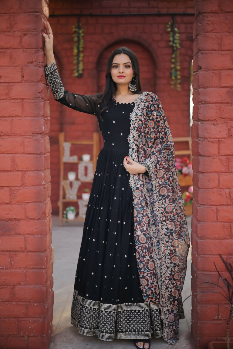 Black Faux Blooming Anarkali Dress with Zari Embroidery