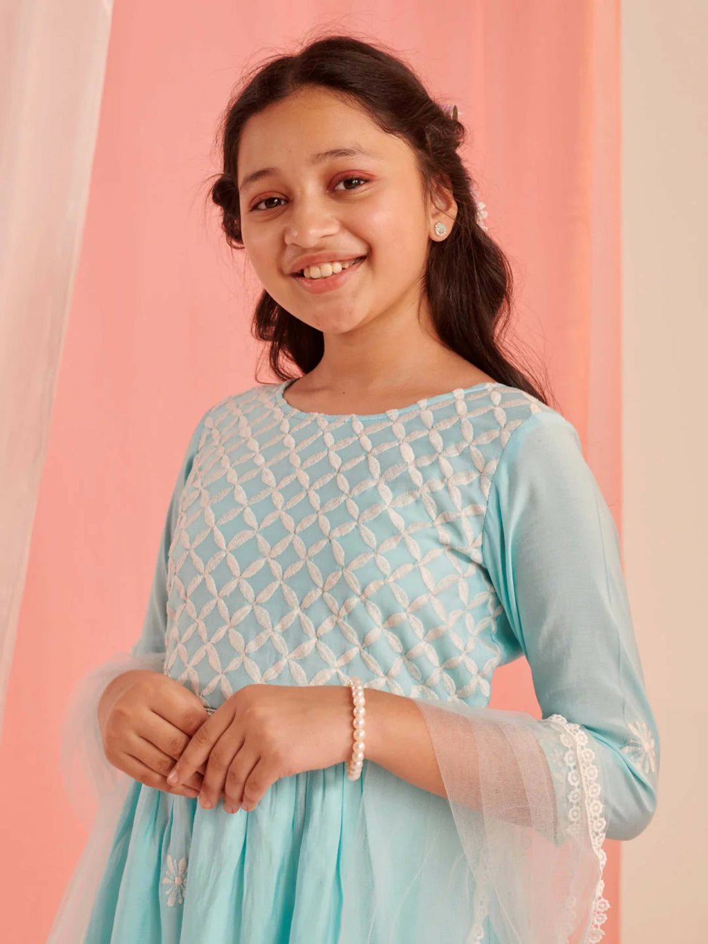 Girl's Sky Blue Cotton Blend Palazzo Set with Net Dupatta