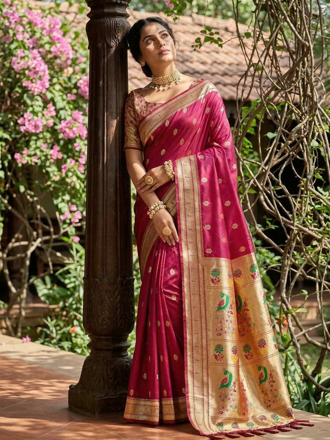 Pink Soft Silk Saree with Golden Blouse Piece
