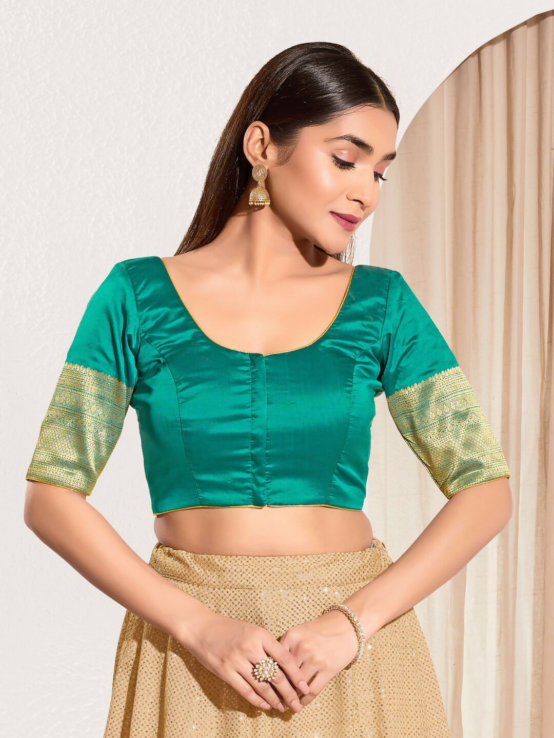 Joban Fashion Rama Green Taffeta Silk Padded Blouse With Round Neck Elbow Sleeves