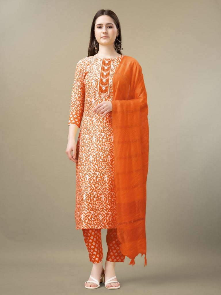 Woman wearing an orange rayon knee-length straight kurta set with embroidery and sequence work