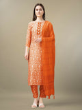 Woman wearing an orange rayon knee-length straight kurta set with embroidery and sequence work