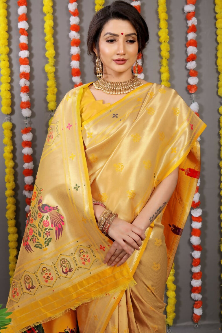 Yellow Paithani Silk Saree with Zari Woven Detail and Blouse