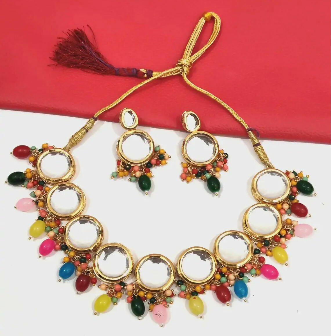 Handcrafted gold-plated alloy Kundan stone necklace and earring jewellery set