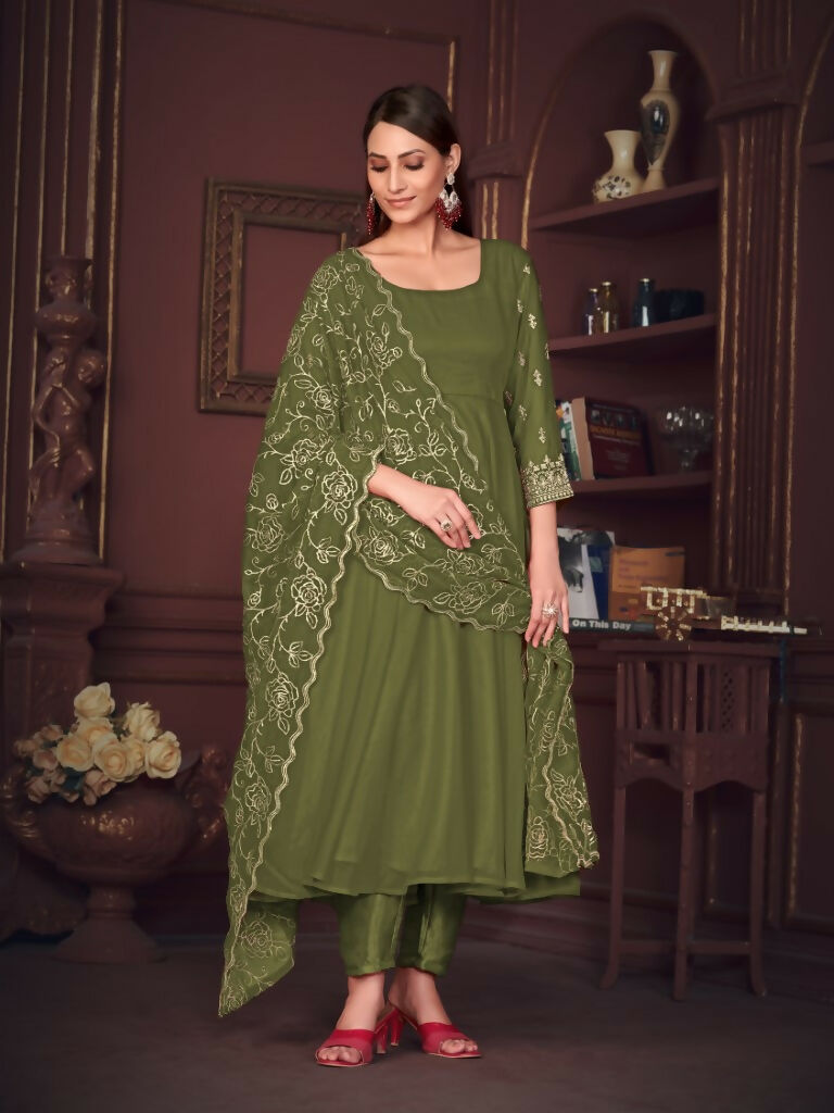 Women's Olive Green Georgette Embroidered Anarkali Kurta Pant Set