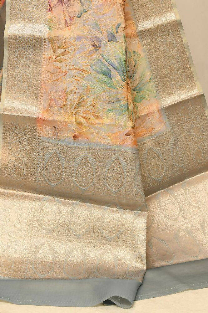 Grey & Orange Tissue Saree with Digital Print and Embroidery