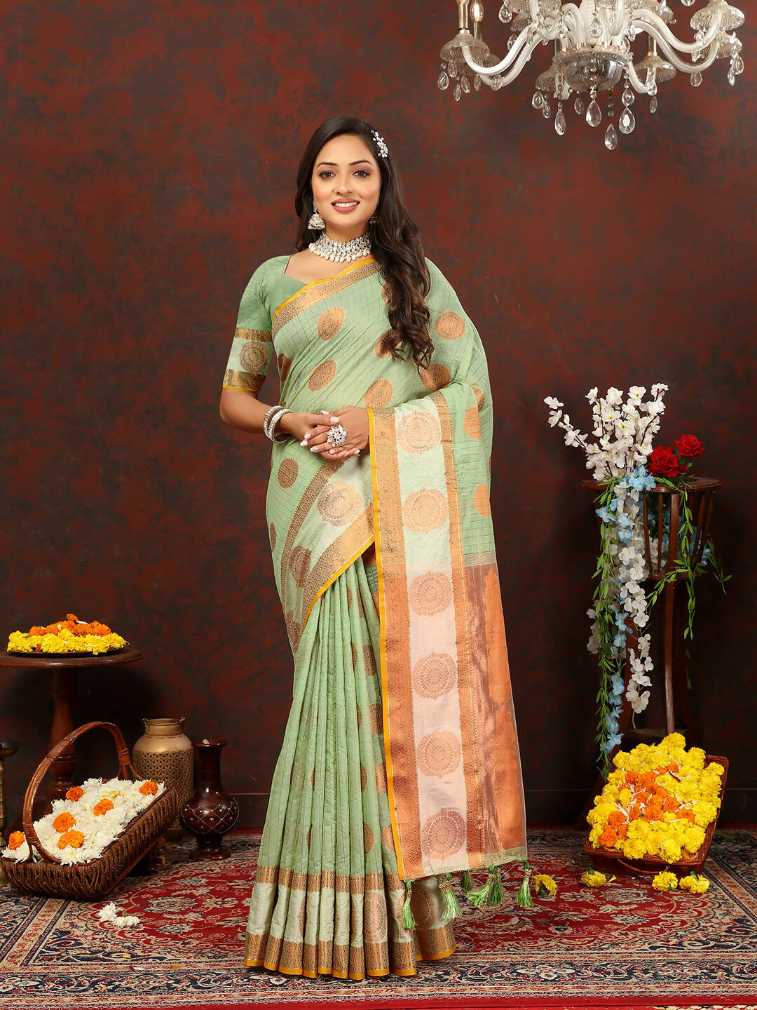 Seagreen Cotton Saree with Metallic Gold Zari Weaving and Tassels