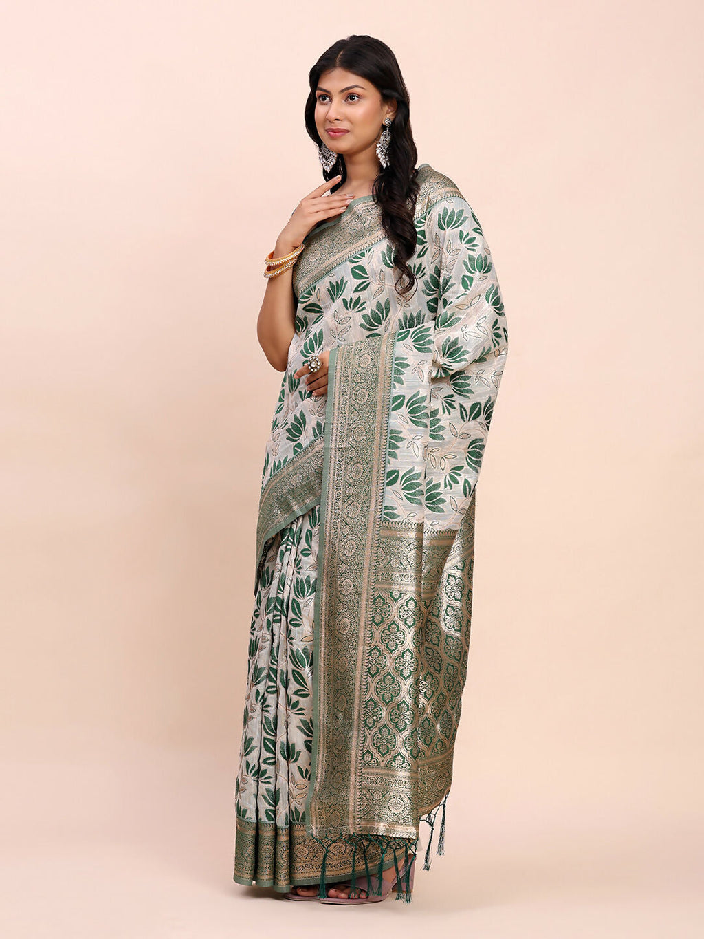 Green Linen Cotton Saree with Matching Blouse Piece