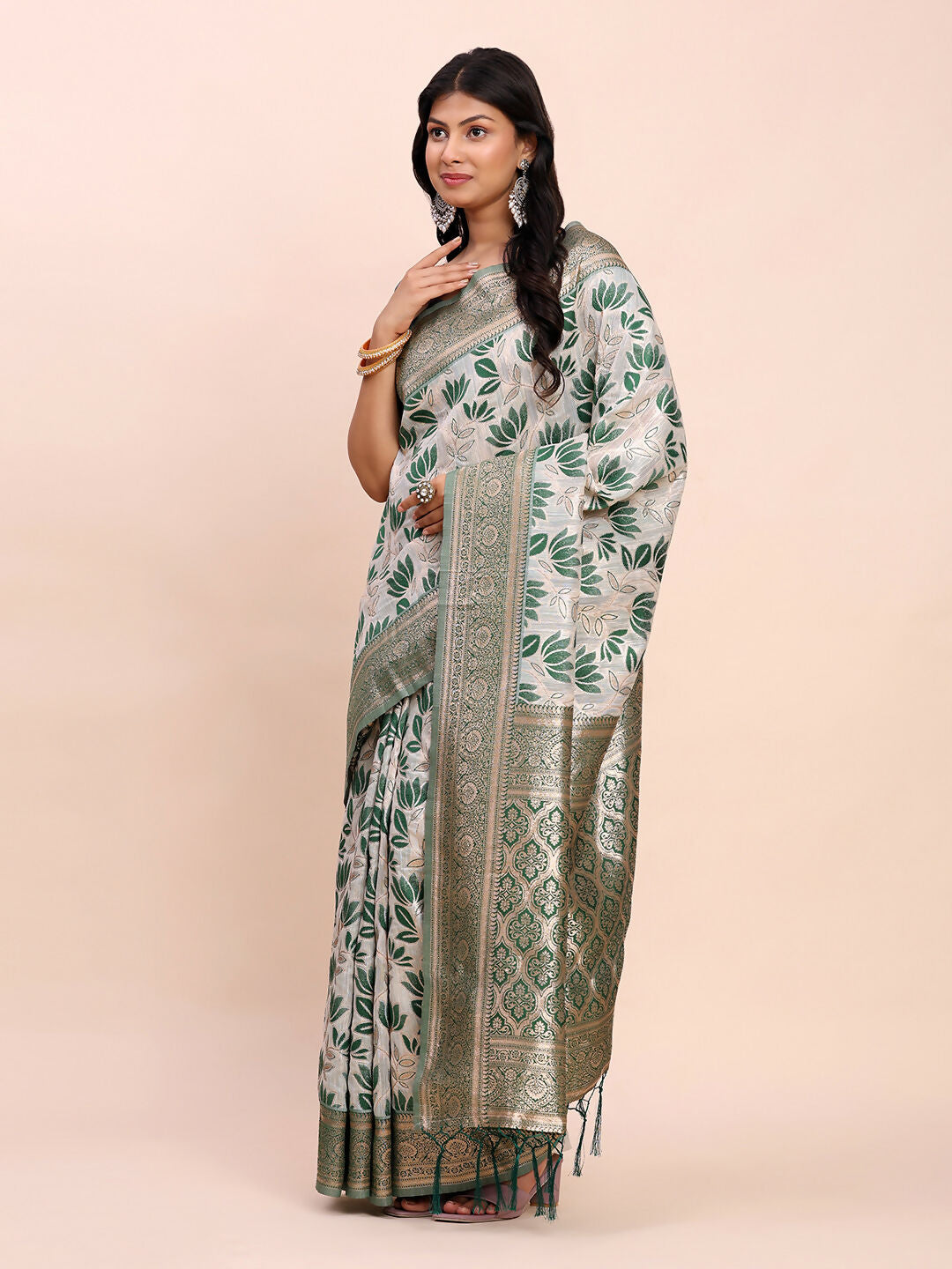 Green Linen Cotton Saree with Matching Blouse Piece