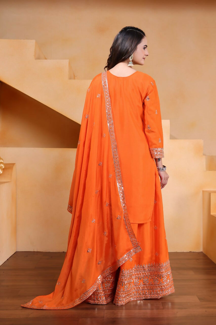 Orange Silk Embroidered Sharara Set for Wedding Guest Wear