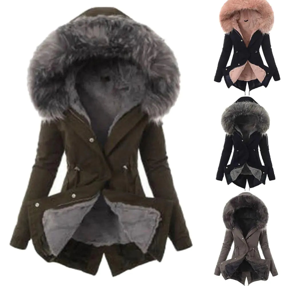 Casual Long Cotton Puffer Coat with Faux Fur Hood