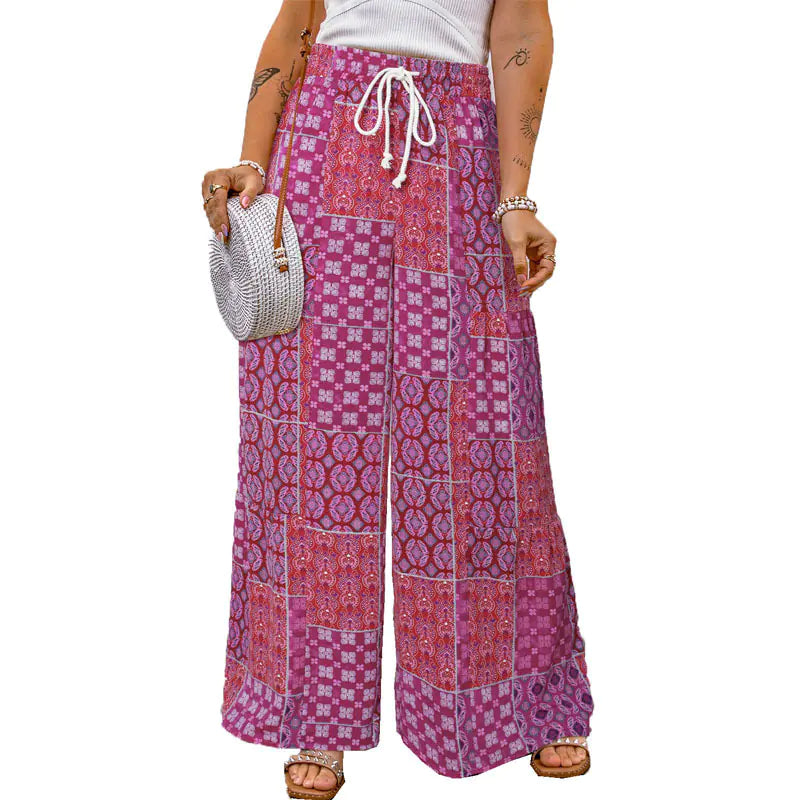 Women's Paisley Print Color Block Wide Leg Drawstring Pants - Image 30