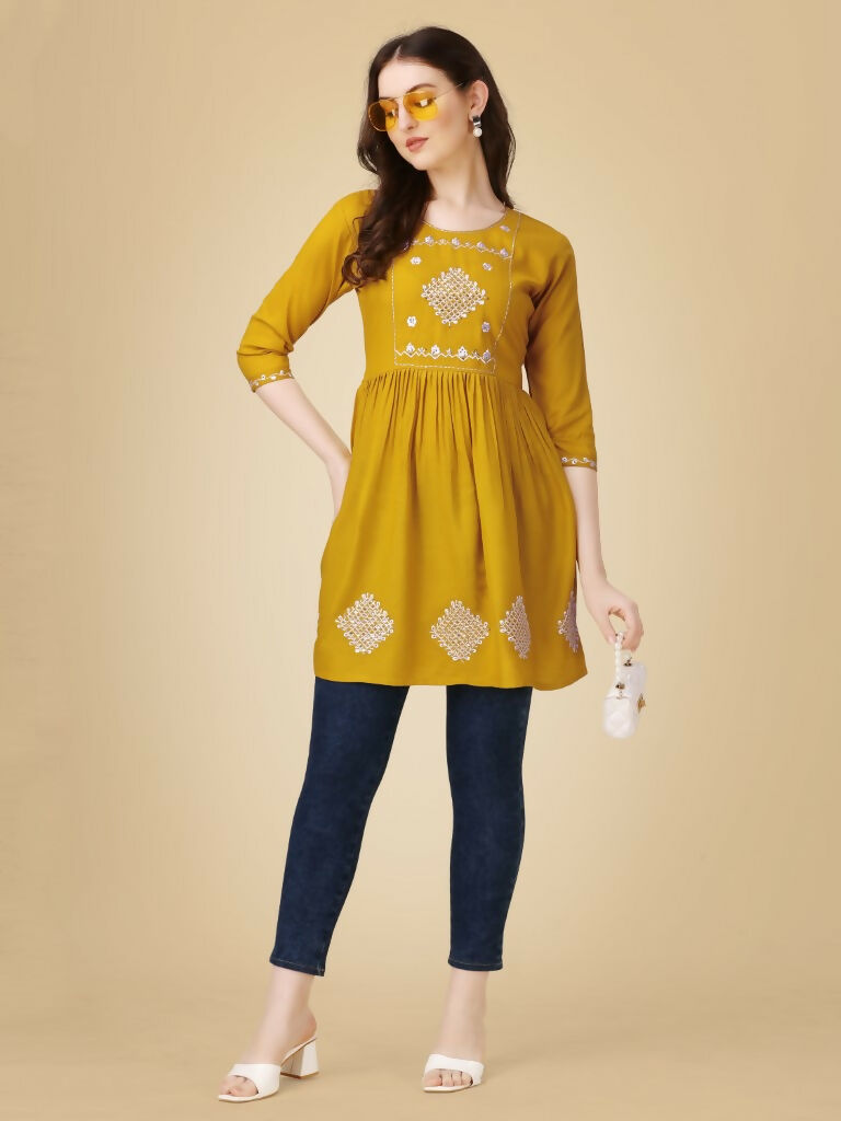Women's Mustard Embroidered Casual Top with Sequence Work