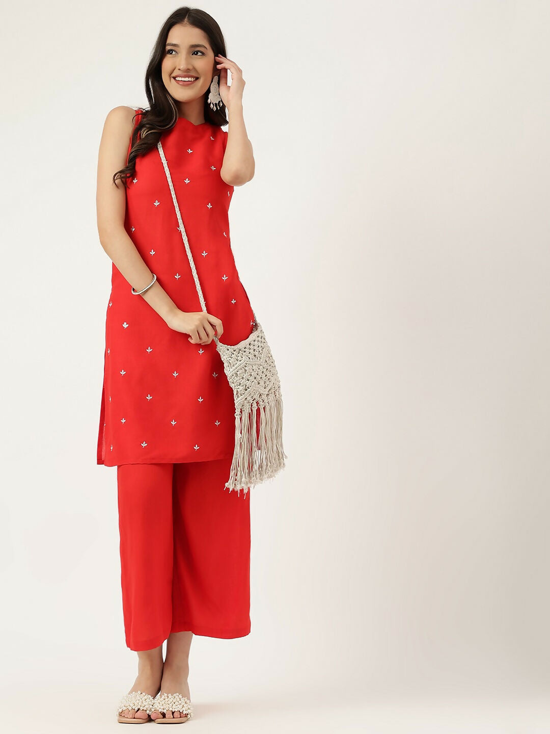 Red Rayon Embroidered Straight Kurta and Bottom Set
