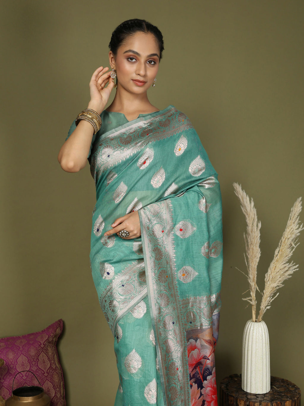 Rama Green Linen Cotton Saree with Matching Blouse Piece