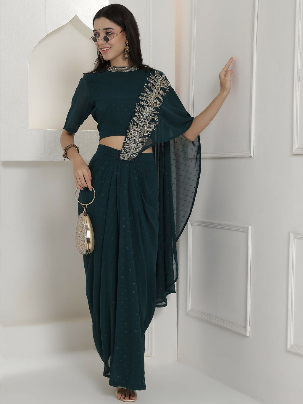 Green Georgette Drape Skirt Set with Hand Embellishment