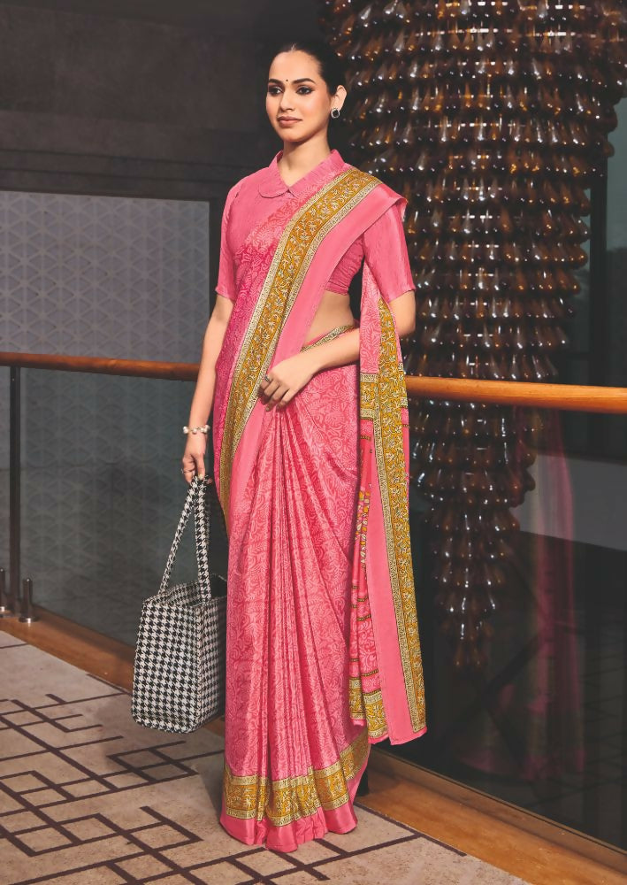 Joban Fashion Pink Crepe Silk with Traditional Print Saree