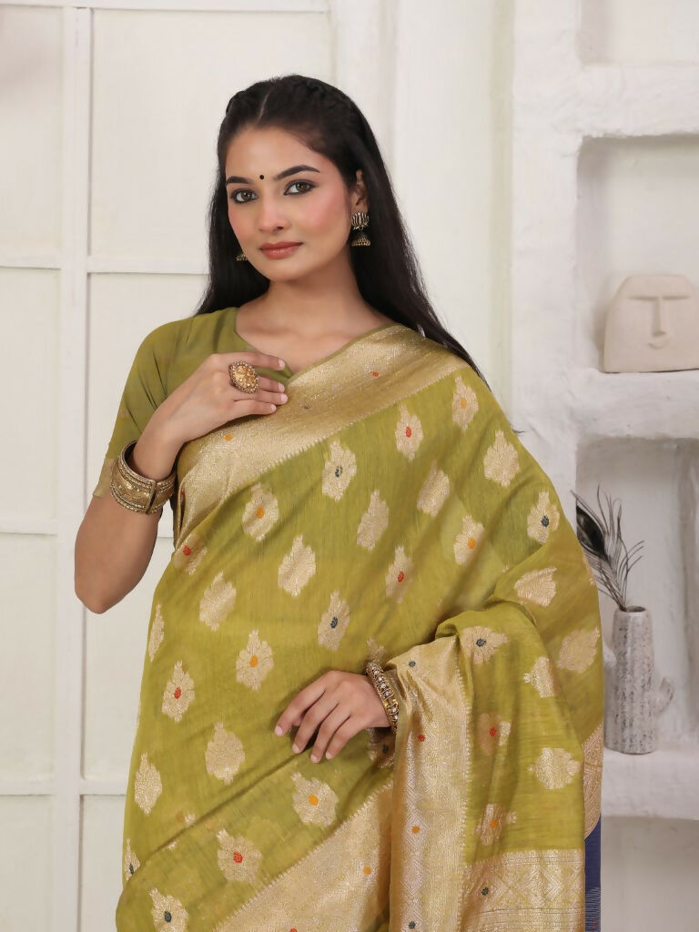 Mhendi Green Linen Cotton Saree with Matching Blouse Piece