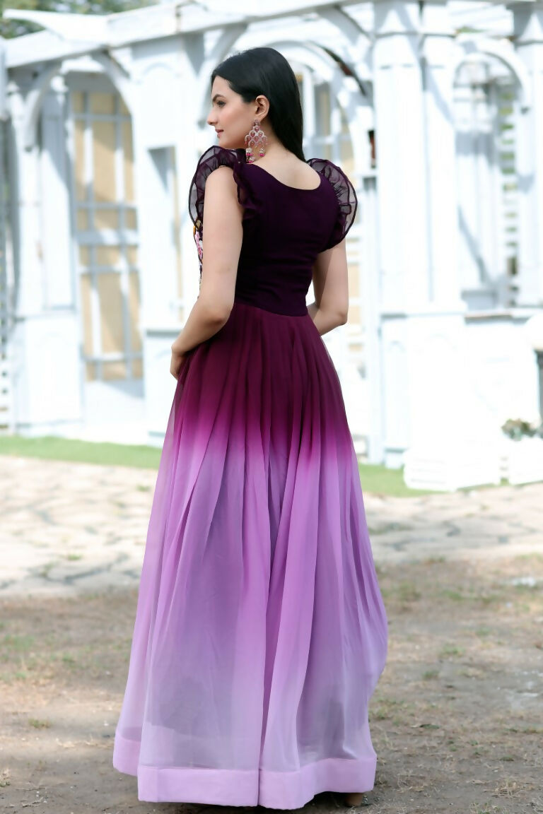 Wine Sequins Embroidery Faux Blooming Floor Length Anarkali Dress