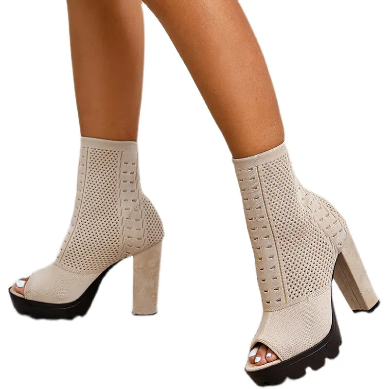 Women Chunky Heel Knit Sock Booties Open Toe Platform Shoes - Image 14
