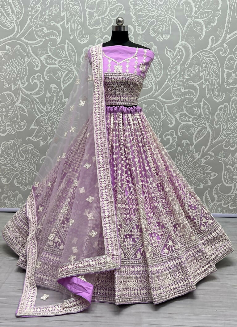 Mauve net lehenga choli with sequin embroidery and cancan flare