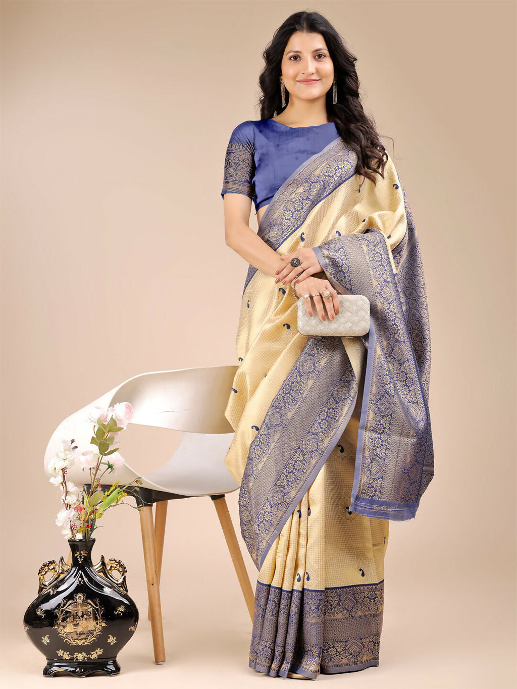 Cream and Navy Blue Banarasi Silk Saree with Matching Blouse
