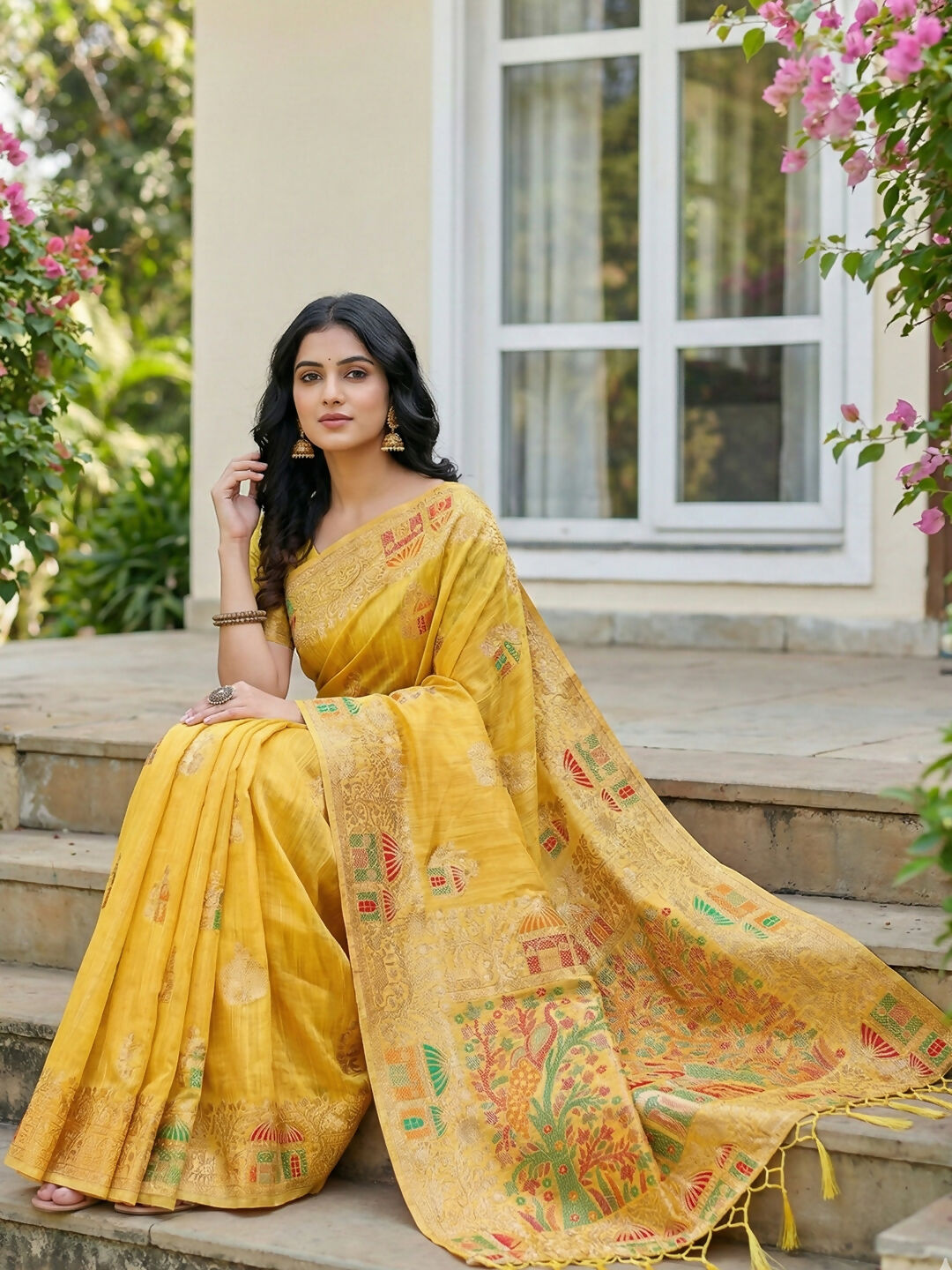 Yellow Linen Cotton Saree with Matching Blouse Piece