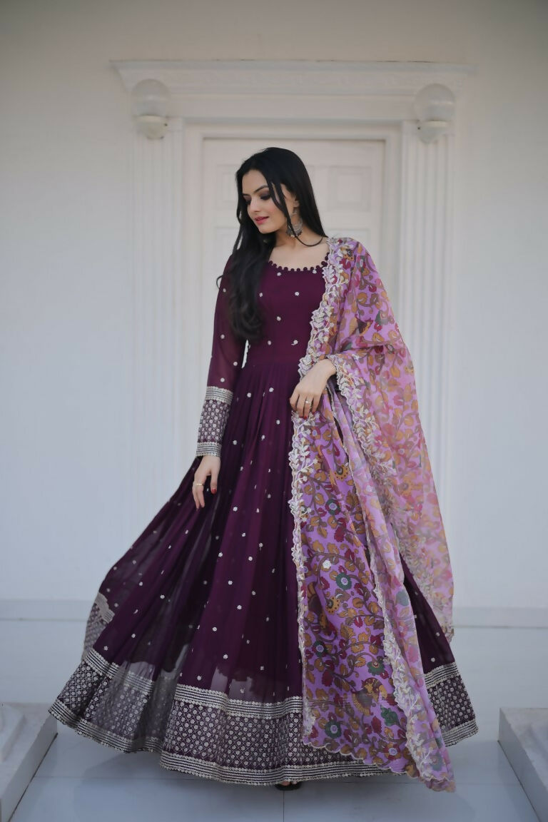 Women's Wine Faux Blooming Sequins Zari Embroidered Anarkali Dress