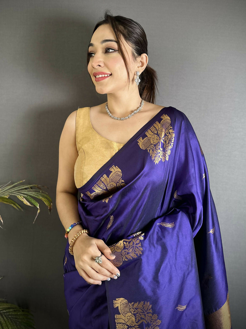 Violet Soft Silk Banarasi Saree with Intricate Zari Motifs