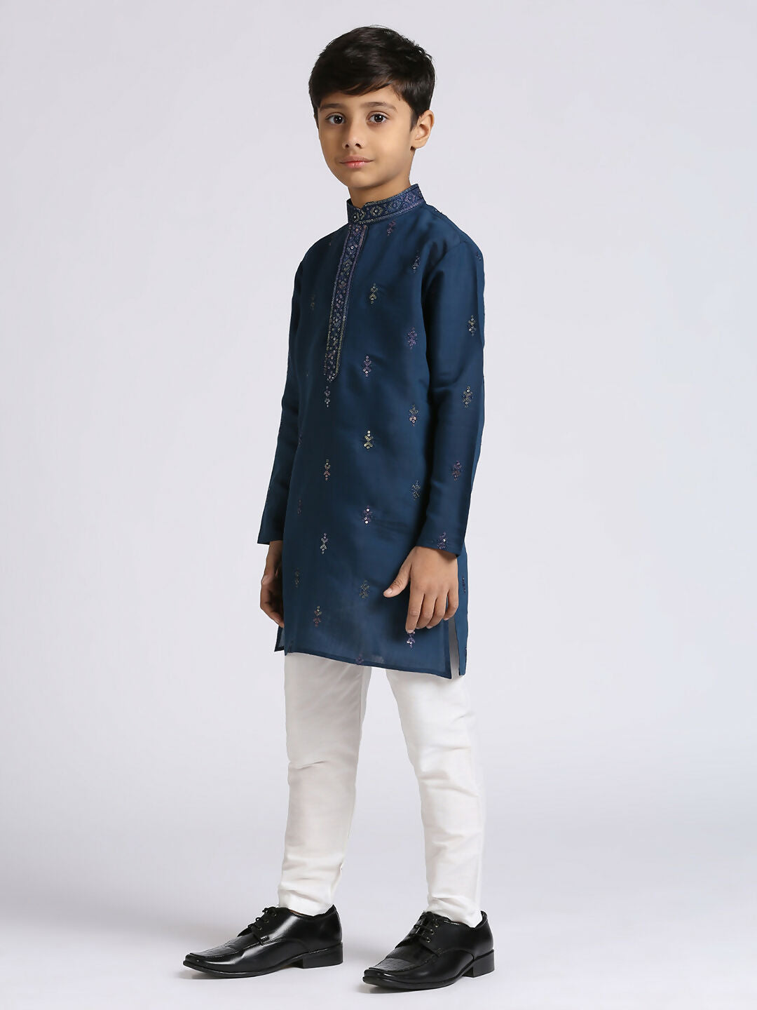 Boys Blue Silk Kurta Pyjama Set with Sequence Embroidery