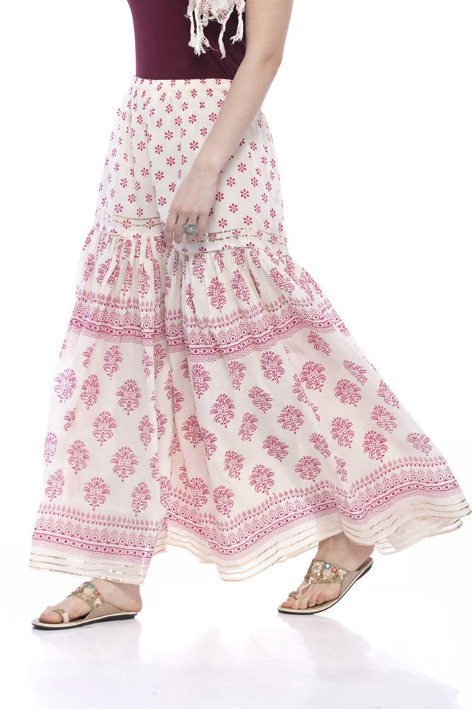 Off White and Maroon Cotton Block Print Palazzo with Lace Detail