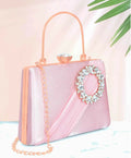 Baby pink satin evening clutch with a silver chain strap, perfect for girls' formal occasions.