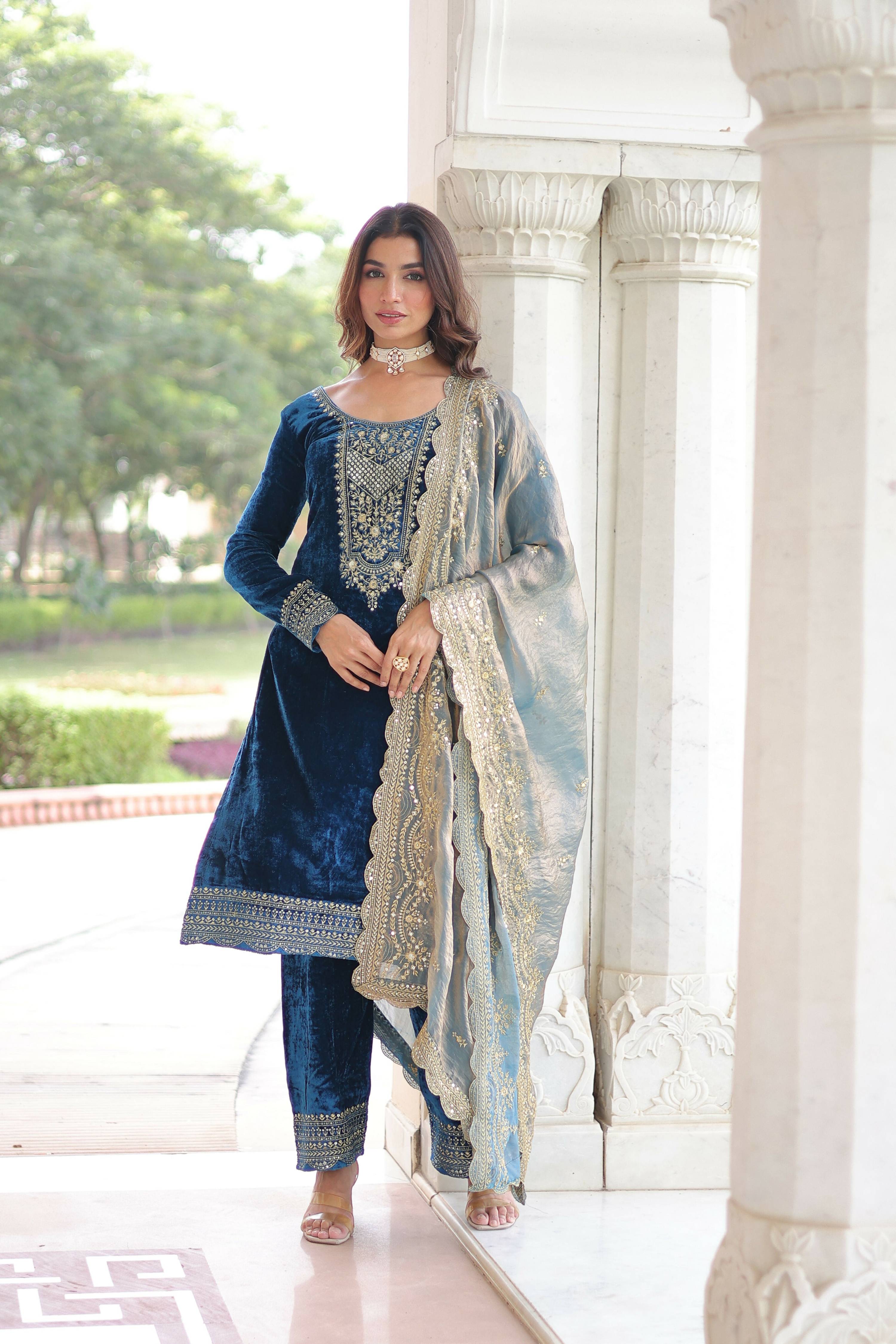 Joban Fashion Blue Readymade Kurta Set With Sequence embroidery Work